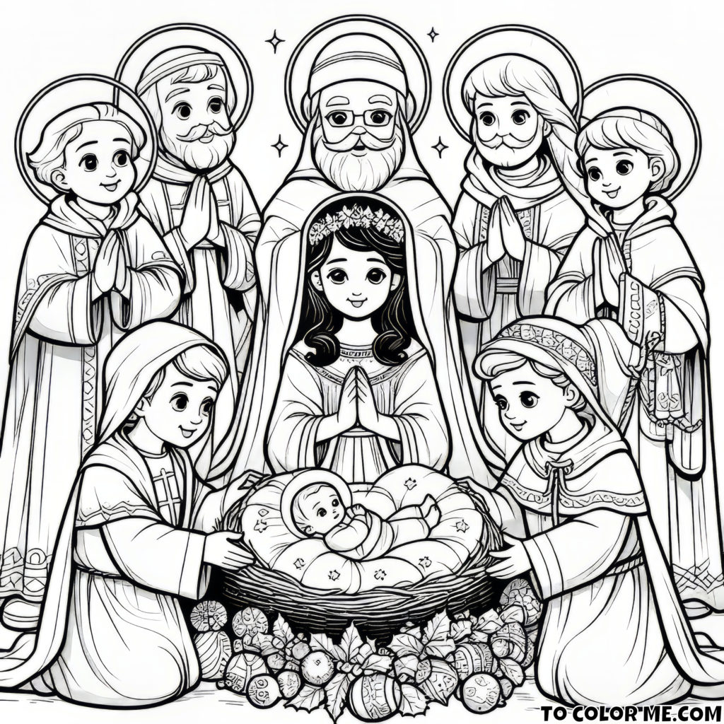 Heavenly Witnesses: Saints Adoring the Nativity Scene - Printable Coloring Page