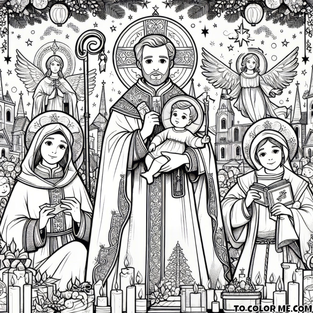 Heavenly Embrace: A Priest Holding Baby Jesus with Angels - Christmas Coloring Page