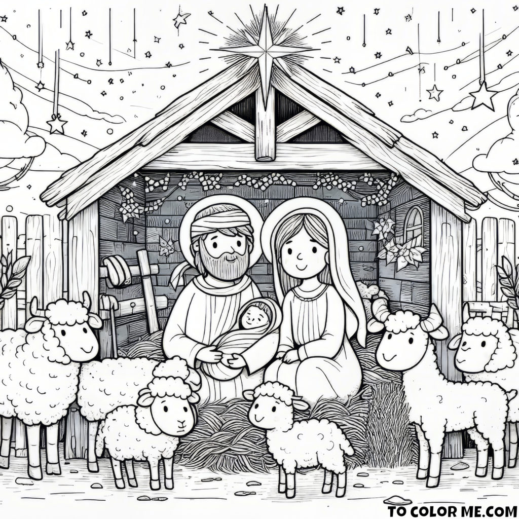 Heavenly Nativity: Mary, Joseph, and Baby Jesus in the Stable - Free Coloring Page
