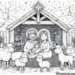 Heavenly Nativity: Mary, Joseph, and Baby Jesus in the Stable - Free Coloring Page