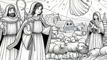 Angelic Guidance: Shepherds Journey to the Manger - Enchanting Coloring Page