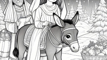Faithful Pilgrimage: Mary and Joseph Traveling to Bethlehem - Inspirational Coloring Page