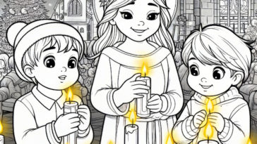 Joyful Advent Coloring Page: Three Kids in Prayer – Festive and Inspirational Printable for Christmas