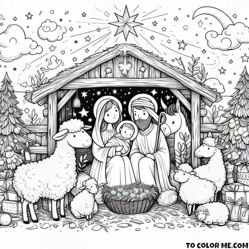 Silent Night Splendor: Nativity Scene with Holy Family - Coloring Page