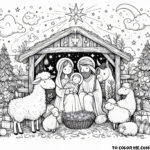 Silent Night Splendor: Nativity Scene with Holy Family - Coloring Page