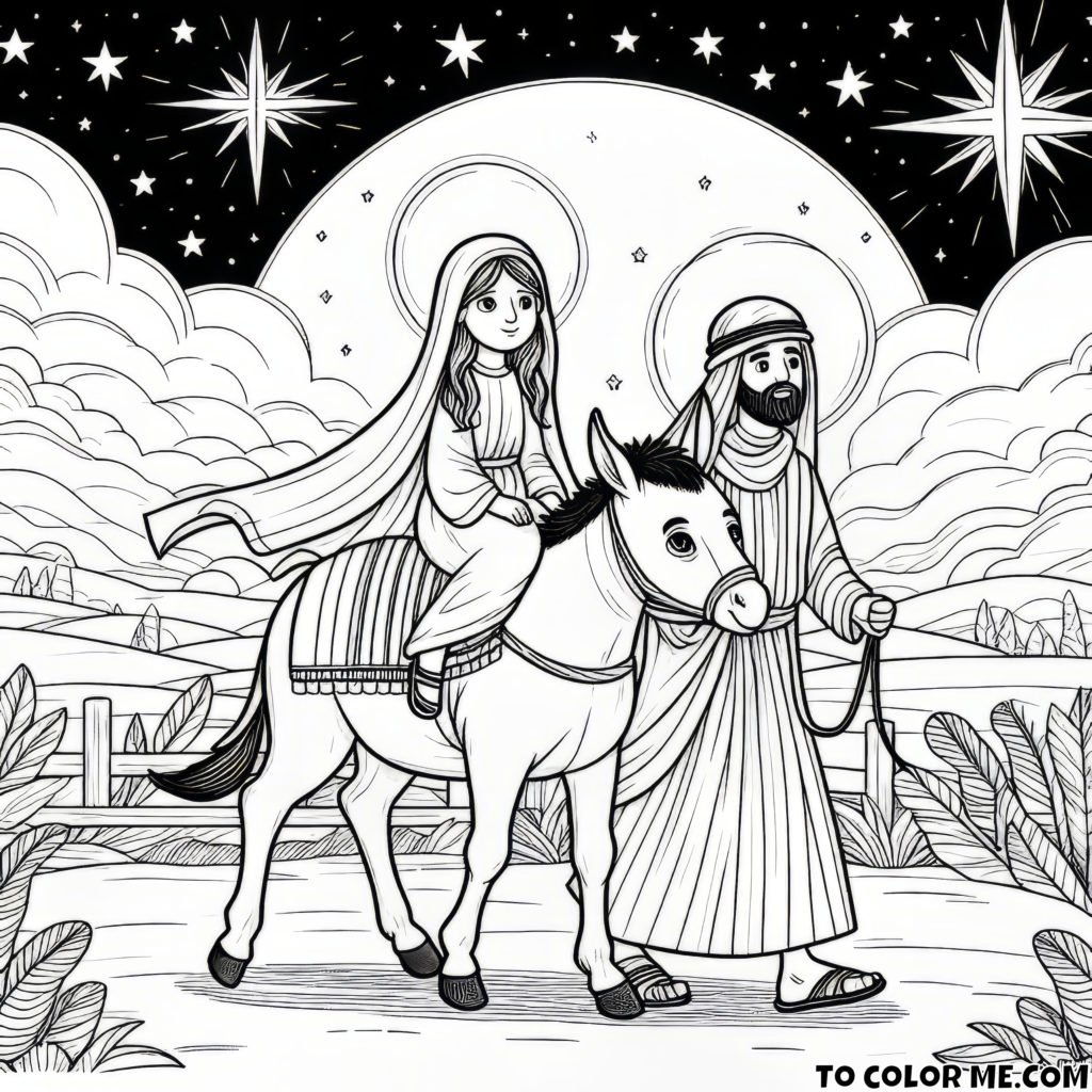 Journey to Bethlehem: Mary and Joseph on the Donkey - Inspirational Coloring Page