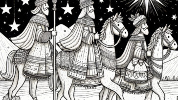 Guided by Starlight: Wise Men on Horses Journey to the Manger - Inspirational Coloring Page