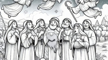 Heavenly Message: Angels Announce the Savior’s Birth to the Shepherds - Inspirational Coloring Page