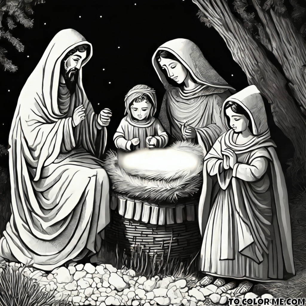 Divine Manger: Mary and Baby Jesus in the Nativity Scene Coloring Page