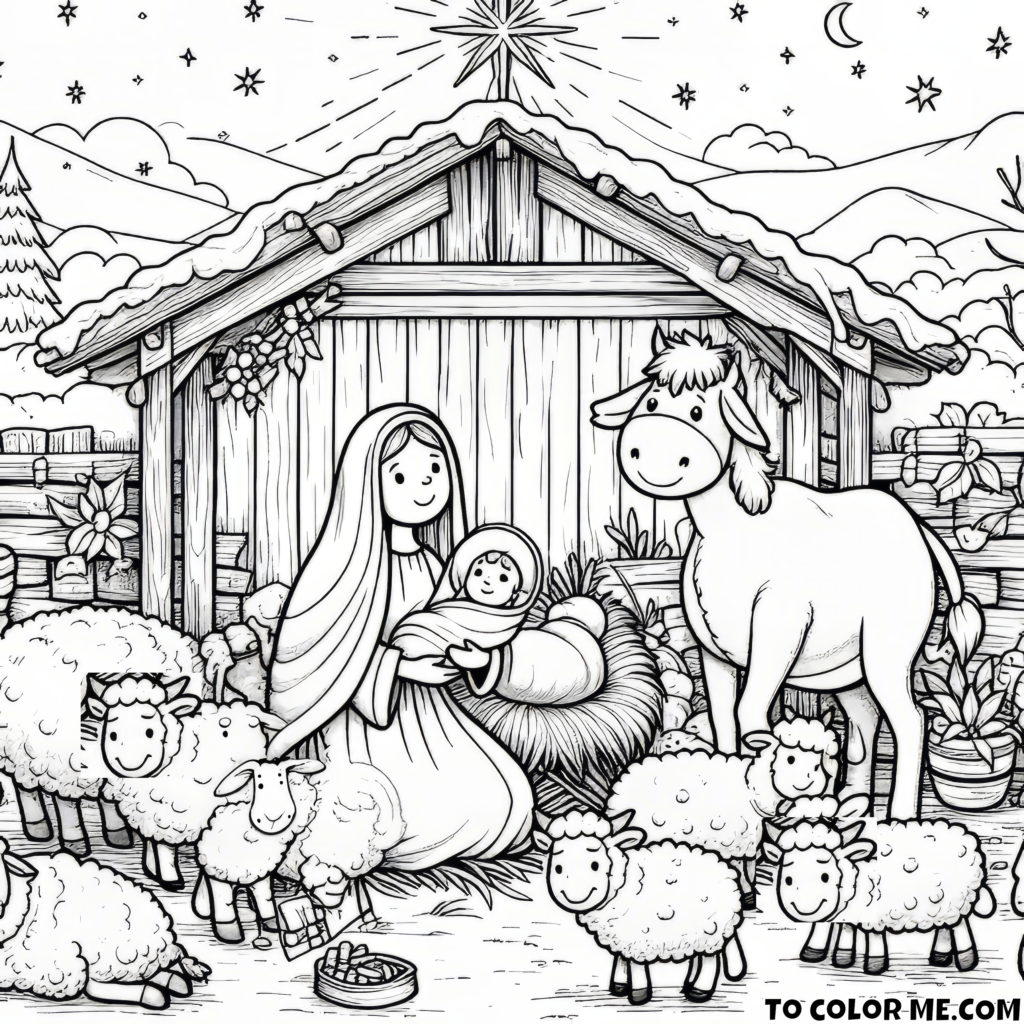 Divine Manger: Mary and Baby Jesus in the Nativity Scene Coloring Page