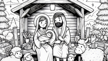 Coloring Heavenly Embrace: Mary and Baby Jesus in the Nativity Scene Coloring Page