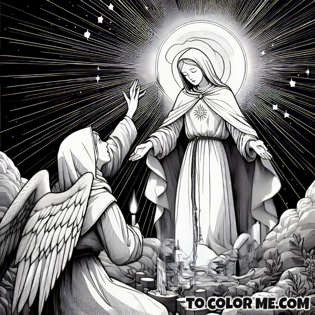 Heavenly Mother’s Visit: Saint Agnes and Mary Coloring Illustration
