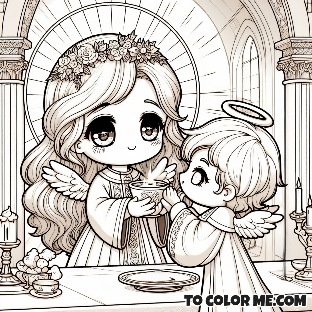 Saint Agnes’s Holy Communion: Angelic Encounter Coloring Design