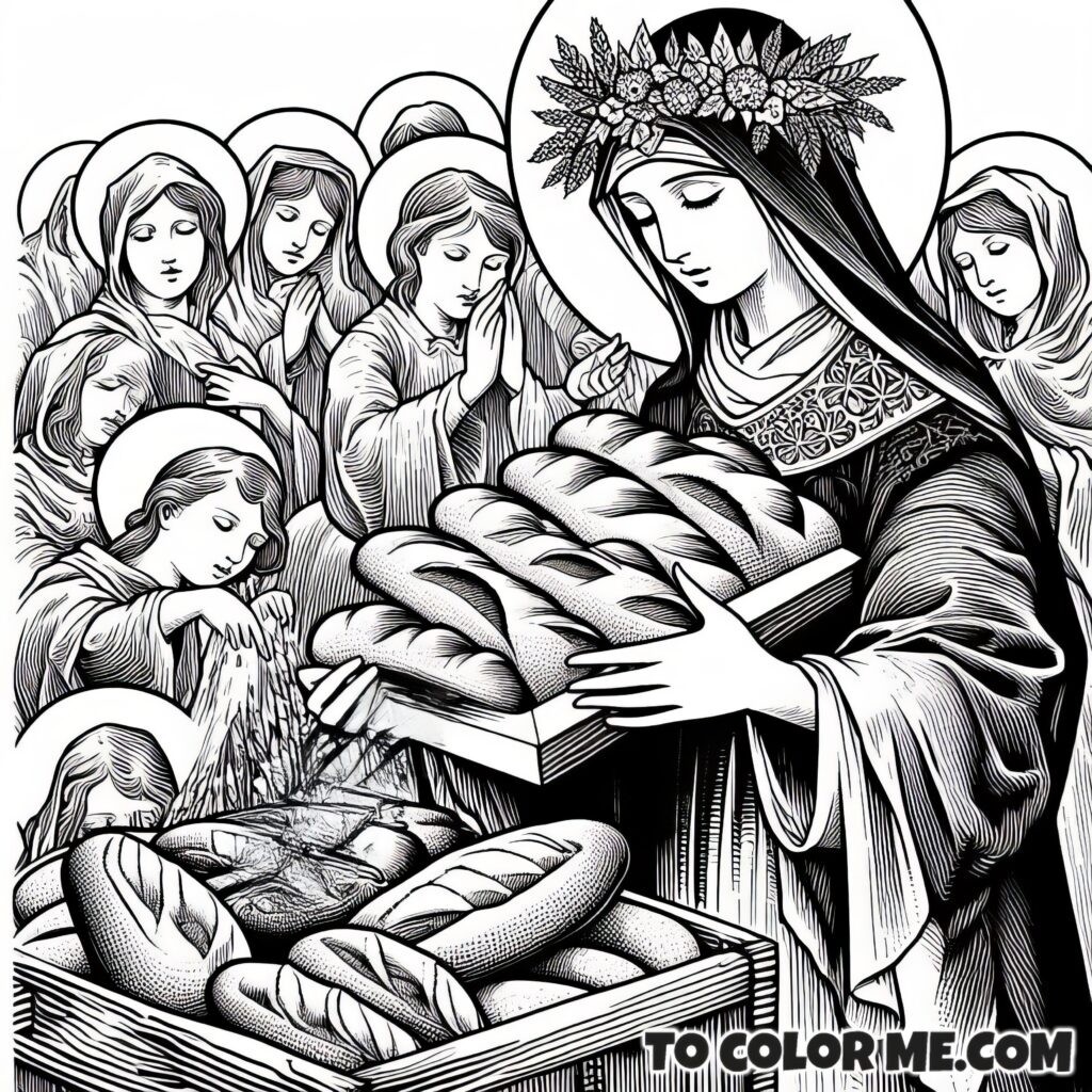 Holy Moments: Saint Agnes of Montepulciano Bread Multiplying Scene to Color