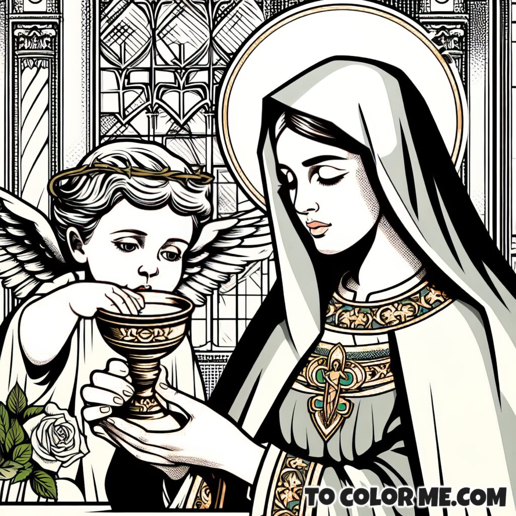 Sacred Encounter: Coloring Page of Saint Agnes with Angel
