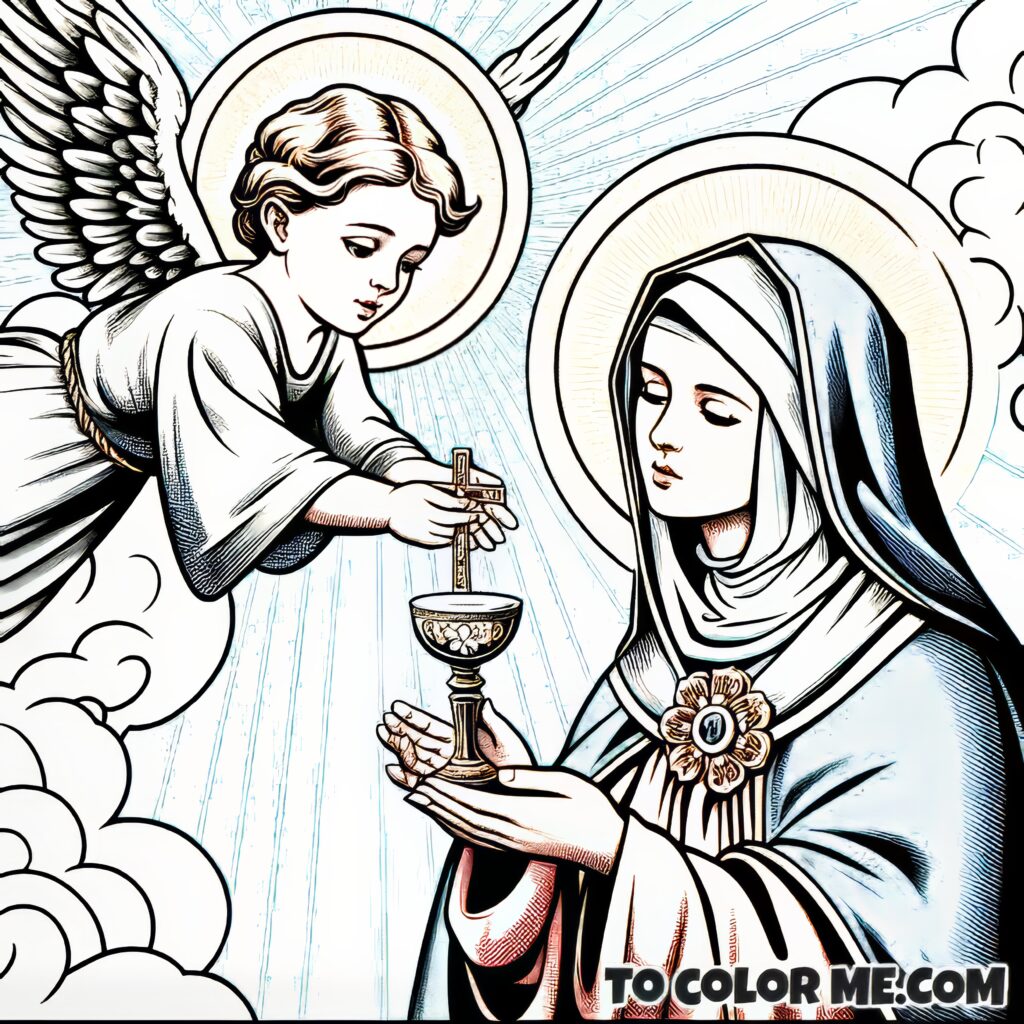 Holy Encounter: Coloring Page of Saint Agnes with Celestial Messenger