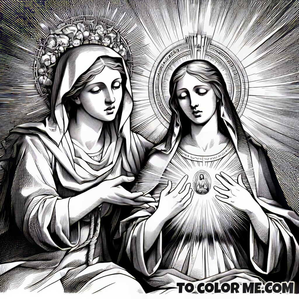 Sacred Apparition: Virgin Mary and Saint Agnes Coloring Scene
