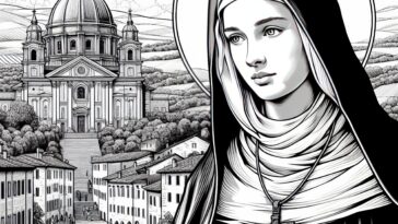 Divine Gaze: Saint Agnes of Montepulciano - Spiritual Coloring Page
