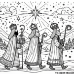 Following the Guiding Star: The Three Wise Men’s Journey to Baby Jesus Coloring Page