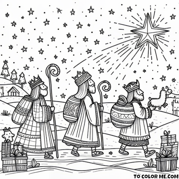 Following the Guiding Star: The Three Wise Men’s Journey Coloring Page