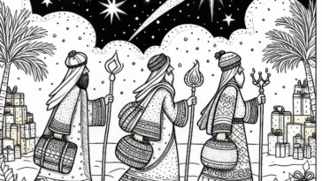 Gifts of the Magi: Three Wise Men on Their Way to the Newborn King Coloring Page