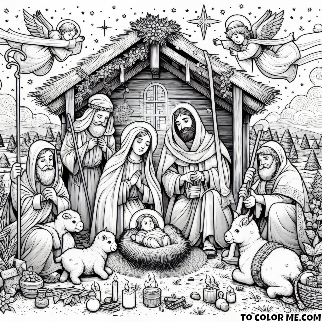 Silent Night: Shepherds and Sheep Gather at the Manger Coloring Page