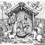 Silent Night: Shepherds and Sheep Gather at the Manger Coloring Page