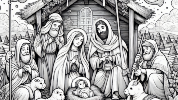 Silent Night: Shepherds and Sheep Gather at the Manger Coloring Page