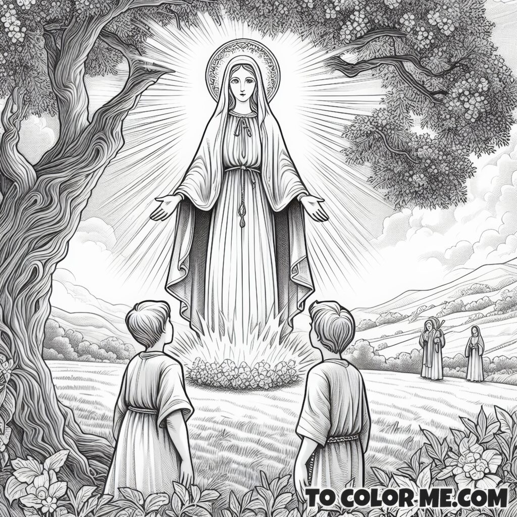 Marian Apparition in Fatima: A Coloring Page of the First Heavenly Visit