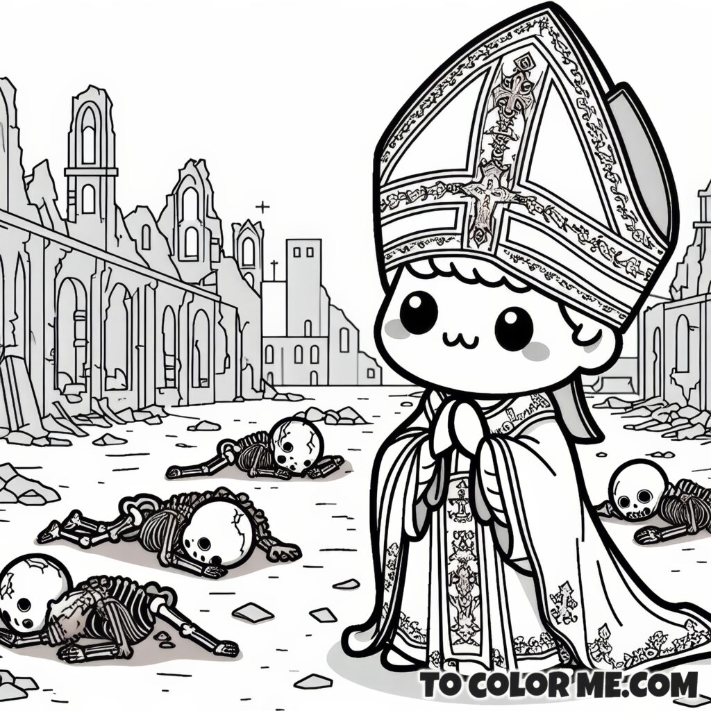 The Bishop in White Amidst Ruins: A Fatima Secret Coloring Page