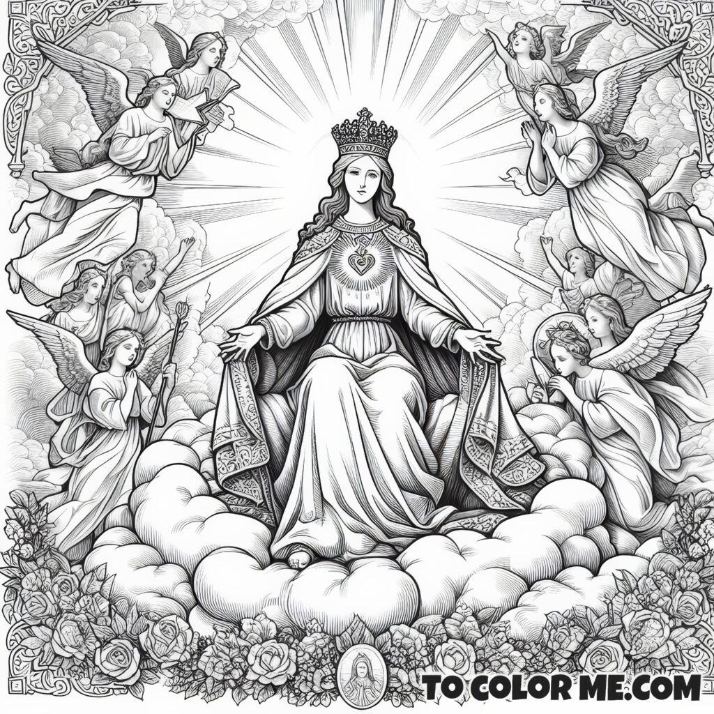 Angelic Ascension: Saint Julia Crowned in Heaven - Divine Scenes to Color