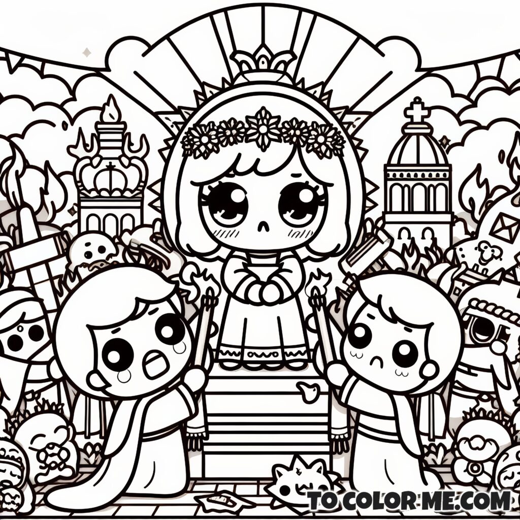 Adorable Defiance: Saint Julia’s Festival of Faith - Kawaii Style Coloring Page