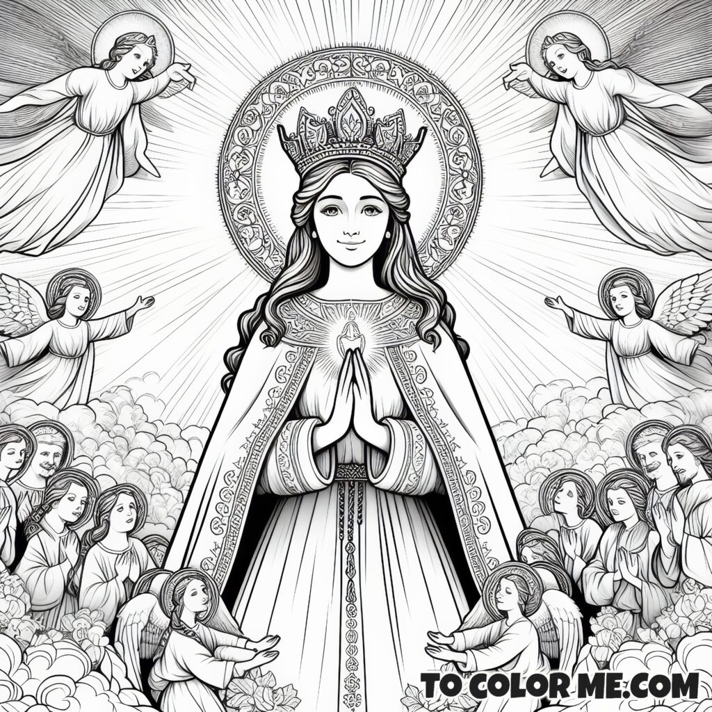 Saint Julia’s Celestial Coronation - A Coloring Page of Heavenly Splendor