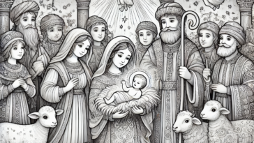 Elegant Nativity Coloring Page with Angelic Themes