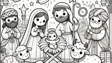 Playful Children's Nativity Scene Coloring Art