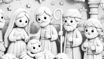 Adorable 3D Nativity Scene Coloring Page for Kids