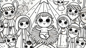Whimsical Child-Friendly Nativity Scene Coloring Page