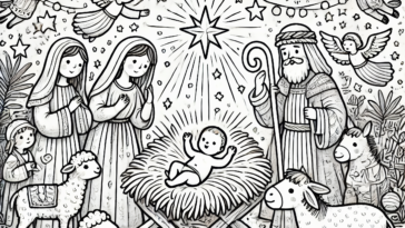 Adorable Nativity Scene Coloring Page with Stars