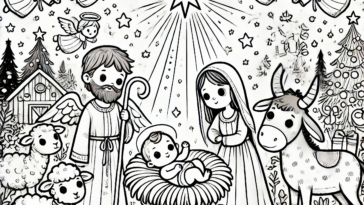 Playful Nativity Coloring Page with Animals and Angels