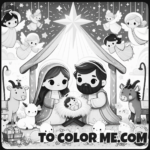 Festive Nativity Coloring Page with Cheerful Angels