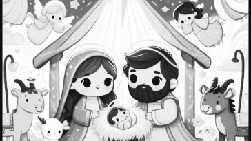 Festive Nativity Coloring Page with Cheerful Angels
