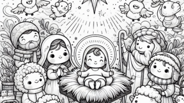 Whimsical Child-Friendly Nativity Scene Coloring Page