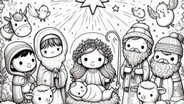 Detailed Nativity Scene Coloring Page for Kids