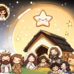 A charming cartoon-style nativity scene featuring Baby Jesus, Saint Virgin Mary, Saint Joseph, Three Wise Men, shepherds, angels, animals, and the Star of Bethlehem glowing above the stable, with a serene night sky in the background.