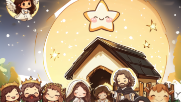 A charming cartoon-style nativity scene featuring Baby Jesus, Saint Virgin Mary, Saint Joseph, Three Wise Men, shepherds, angels, animals, and the Star of Bethlehem glowing above the stable, with a serene night sky in the background.