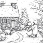 Two children in winter coats stand in front of a cozy stone cottage covered in snow, surrounded by trees and bushes in a serene winter landscape.