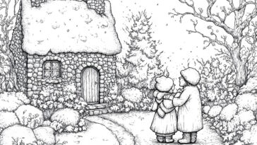 Two children in winter coats stand in front of a cozy stone cottage covered in snow, surrounded by trees and bushes in a serene winter landscape.