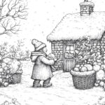 A child in a winter coat and hat holding a baby stands near a snow-covered stone cottage surrounded by bushes, trees, and baskets filled with apples in a peaceful snowy landscape.