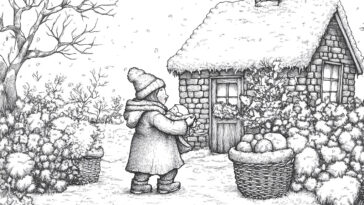 A child in a winter coat and hat holding a baby stands near a snow-covered stone cottage surrounded by bushes, trees, and baskets filled with apples in a peaceful snowy landscape.