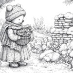 A bear in a cozy winter outfit with a knitted hat and scarf holds a basket of flowers while standing in a snowy landscape near an old stone structure surrounded by bushes.